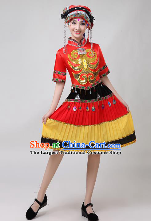 China Traditional Liangshan Ethnic Clothing Yi Nationality Folk Dance Costumes Minority Torch Festival Performance Dress and Hat