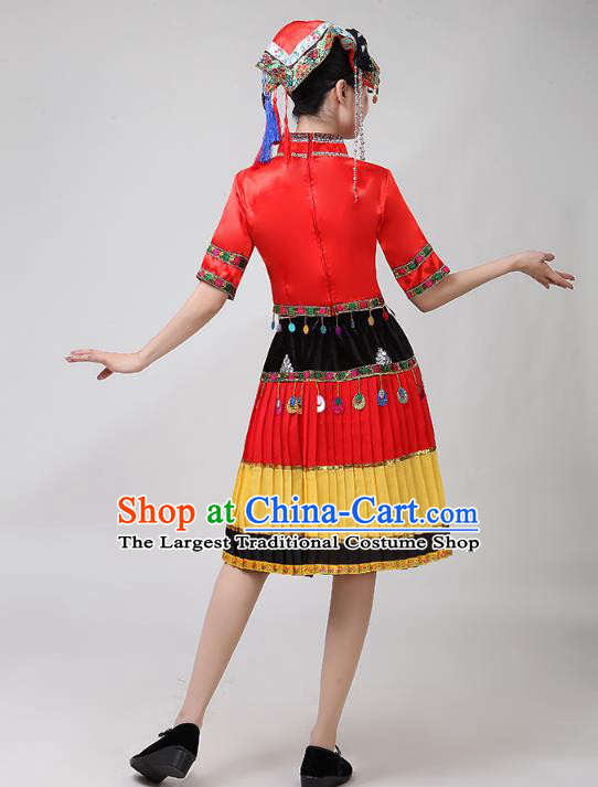 China Traditional Liangshan Ethnic Clothing Yi Nationality Folk Dance Costumes Minority Torch Festival Performance Dress and Hat