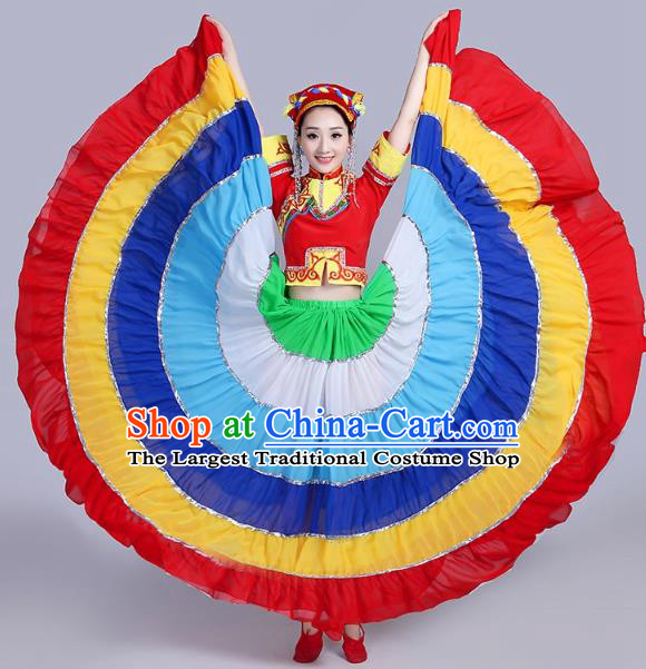 China Yi Nationality Folk Dance Costumes Traditional Minority Torch Festival Dress Liangshan Ethnic Clothing and Headpiece