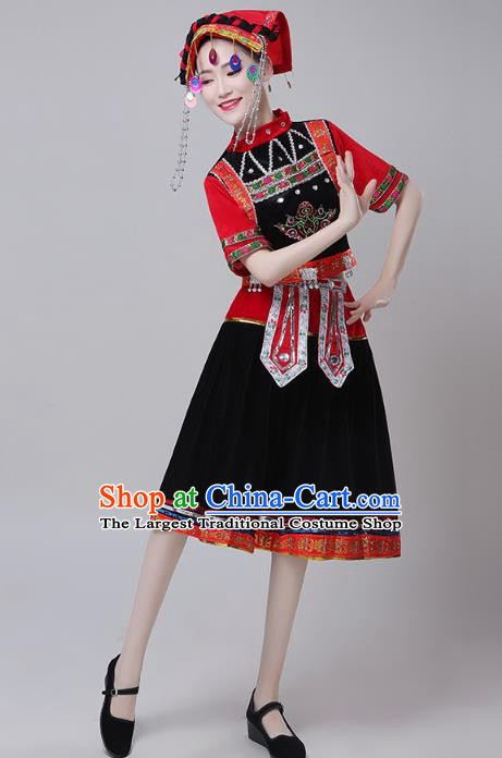 China Zhuang Nationality Folk Dance Costumes Traditional Yi Minority Ethnic Torch Festival Black Dress