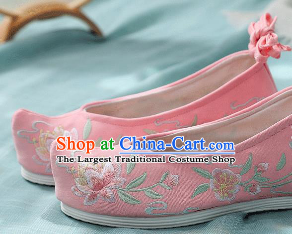 China Embroidered Peach Blossom Shoes Traditional Bow Shoes Folk Dance Pink Cloth Shoes