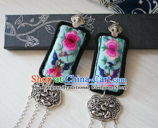 China Traditional Cheongsam Embroidered Green Ear Jewelry Guizhou Miao Silver Carving Lotus Fish Earrings