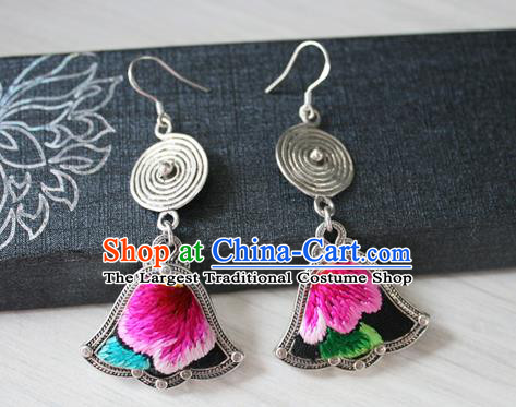 China Traditional Miao Nationality Embroidered Ear Accessories Guizhou Hmong Ethnic Folk Dance Silver Earrings