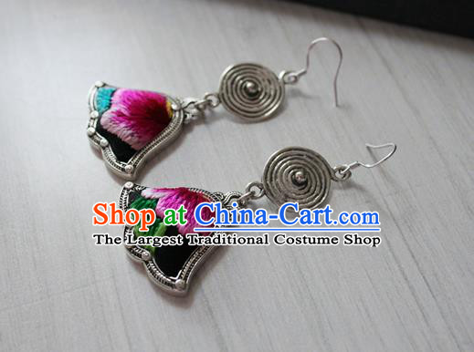 China Traditional Miao Nationality Embroidered Ear Accessories Guizhou Hmong Ethnic Folk Dance Silver Earrings