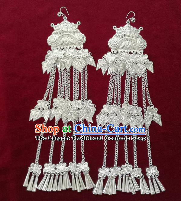 China Handmade Guizhou Miao Ethnic Earrings Traditional Hmong Nationality Silver Tassel Ear Accessories