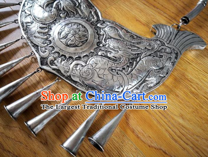 Chinese Miao Ethnic Wedding Jewelry Accessories Handmade Hmong Silver Carving Dragon Phoenix Necklet