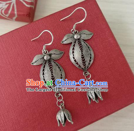 China Handmade National Silver Orchid Earrings Traditional Guizhou Ethnic Folk Dance Ear Accessories