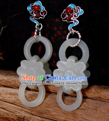 China Handmade National Jade Lotus Earrings Traditional Cheongsam Cloisonne Silver Ear Jewelry