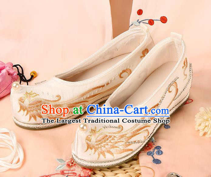 Handmade Ming Dynasty Embroidered Phoenix Shoes Chinese Ancient Princess Shoes Traditional Hanfu White Satin Shoes