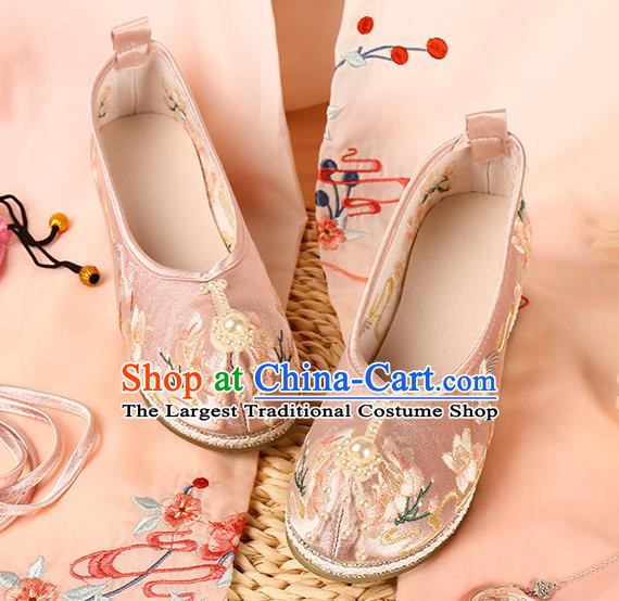 Chinese Traditional Pearls Toe Hanfu Shoes Ancient Ming Dynasty Princess Shoes Embroidered Pink Satin Shoes