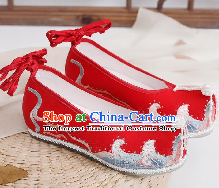Chinese Traditional Wedding Pearls Shoes Hanfu Shoes Ancient Ming Dynasty Princess Embroidered Red Satin Shoes
