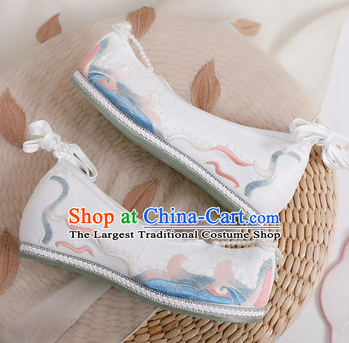 Chinese Ancient Princess Embroidered White Satin Shoes Traditional Ming Dynasty Pearls Shoes Hanfu Shoes