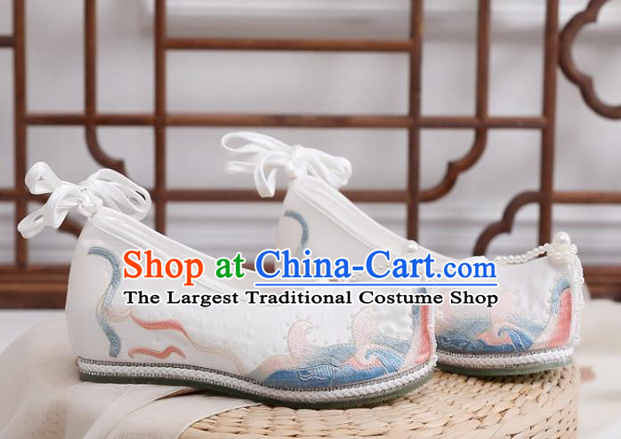 Chinese Ancient Princess Embroidered White Satin Shoes Traditional Ming Dynasty Pearls Shoes Hanfu Shoes