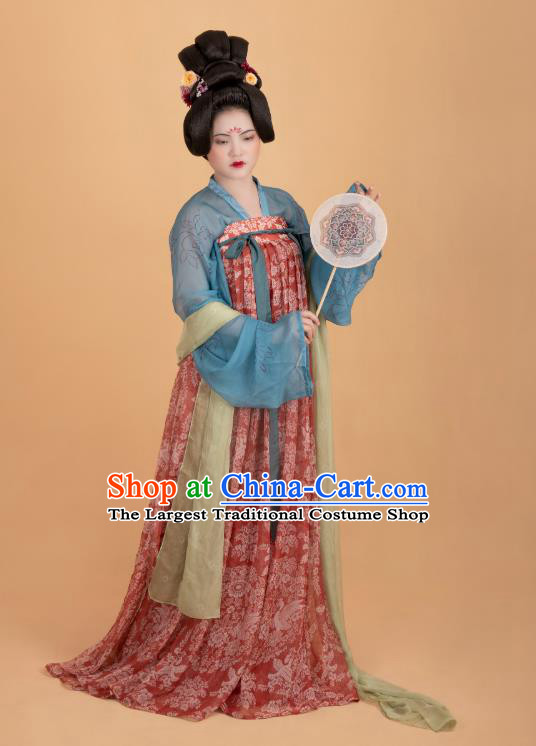 China Tang Dynasty Court Lady Historical Costumes Traditional Ancient Royal Rani Red Hanfu Dress Clothing
