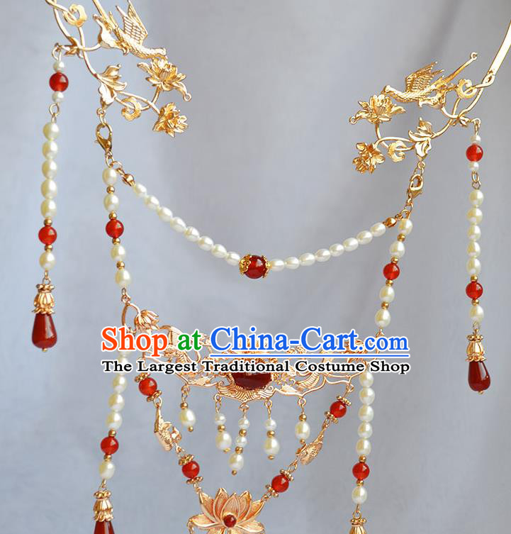 Chinese Ancient Princess Agate Tassel Necklace Handmade Traditional Ming Dynasty Pearls Lotus Necklet Jewelry