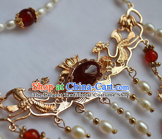 Chinese Ancient Princess Agate Tassel Necklace Handmade Traditional Ming Dynasty Pearls Lotus Necklet Jewelry