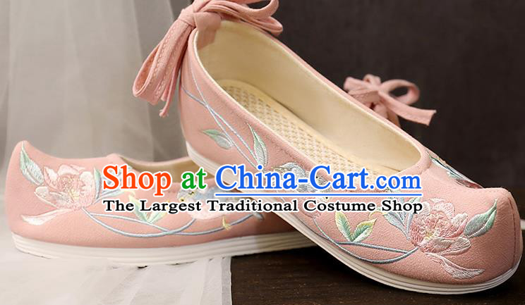 China Traditional Ming Dynasty Princess Shoes Ancient Hanfu Shoes Embroidery Flower Bird Pink Cloth Shoes