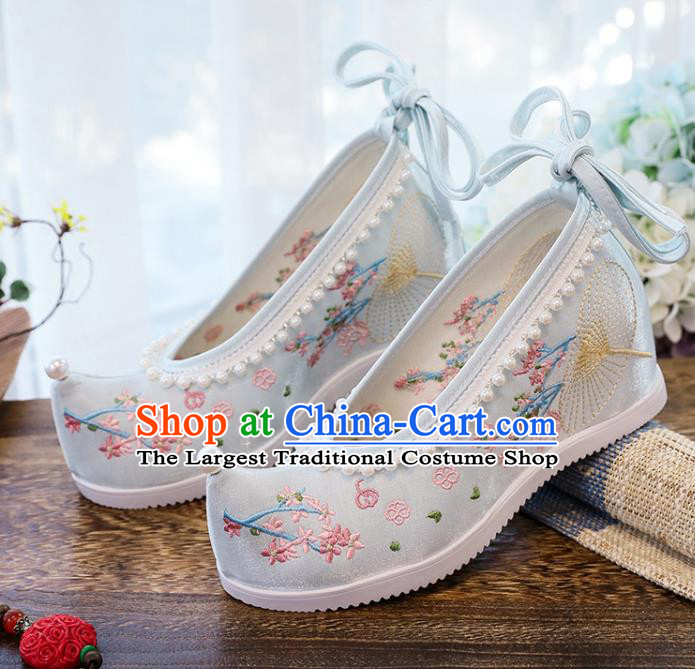 Chinese Traditional Woman Shoes National Wedge Heel Shoes Embroidery Blue Cloth Shoes