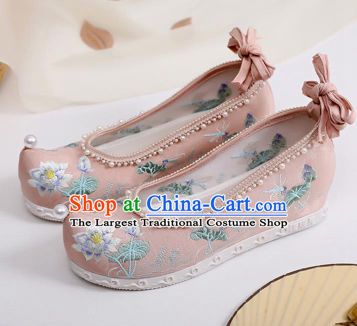 Chinese Traditional Woman Pink Cloth Shoes National Dance Shoes Classical Embroidery Lotus Shoes