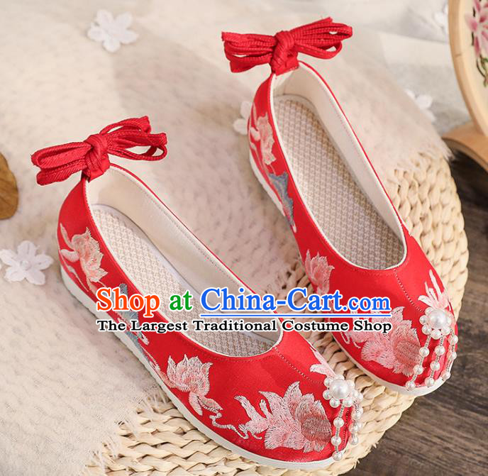 China Wedding Red Cloth Shoes Ancient Princess Shoes Traditional Hanfu Beads Toe Shoes Ming Dynasty Embroidered Shoes