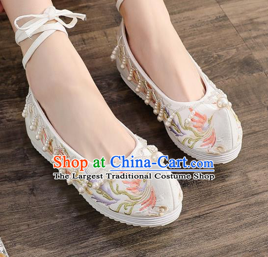 China Traditional Hanfu Pearls Tassel Shoes Handmade Ming Dynasty Bow Shoes Ancient Princess Embroidered Phoenix Shoes