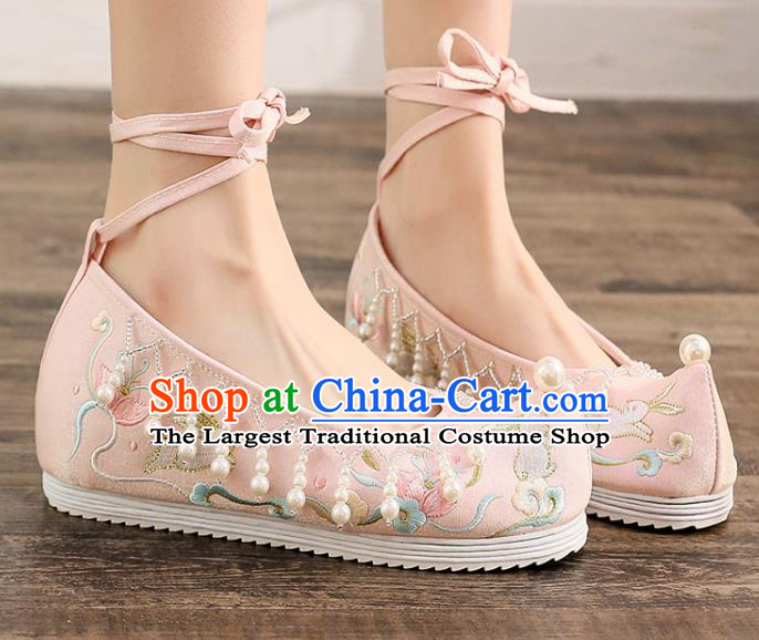 China Handmade Ming Dynasty Pink Cloth Bow Shoes Ancient Princess Embroidered Shoes Traditional Hanfu Pearls Shoes
