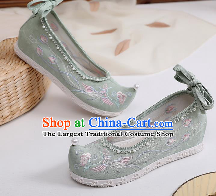 Chinese Traditional Embroidery Phoenix Peony Shoes Classical Dance Pearls Shoes National Green Cloth Shoes