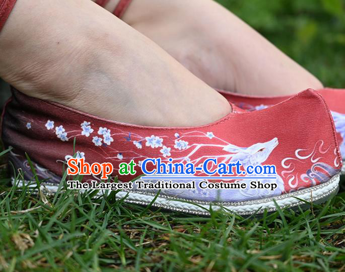 China Ancient Princess Red Cloth Shoes Traditional Hanfu Pearls Shoes Handmade Ming Dynasty Bow Shoes