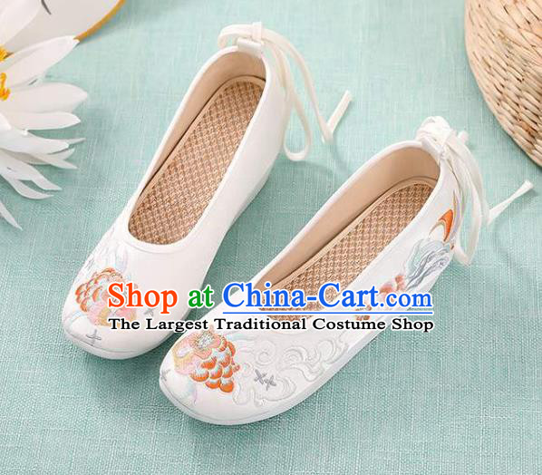 Chinese Traditional Beijing White Cloth Shoes Embroidery Peony Shoes National Woman Footwear