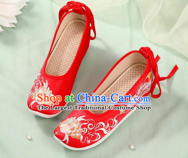 Chinese Wedding Embroidery Peony Shoes National Woman Footwear Traditional Beijing Bride Red Cloth Shoes