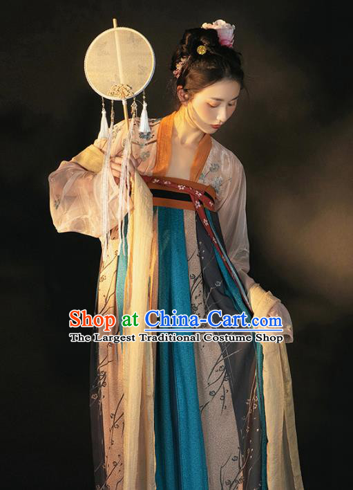 Traditional China Tang Dynasty Royal Princess Historical Clothing Ancient Noble Infanta Blue Hanfu Dress Garment