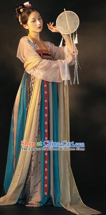 Traditional China Tang Dynasty Royal Princess Historical Clothing Ancient Noble Infanta Blue Hanfu Dress Garment