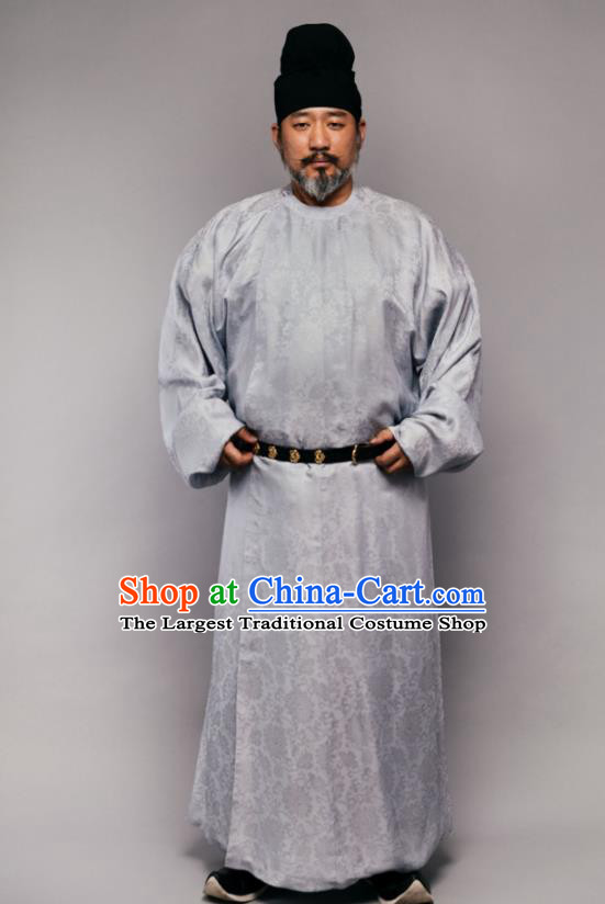 China Ancient Tang Dynasty Elderly Male Historical Clothing Grey Silk Robe Garment and Hat