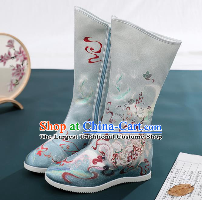 Chinese Traditional Hanfu Footwear Embroidery Shoes Ancient Swordswoman Blue Boots