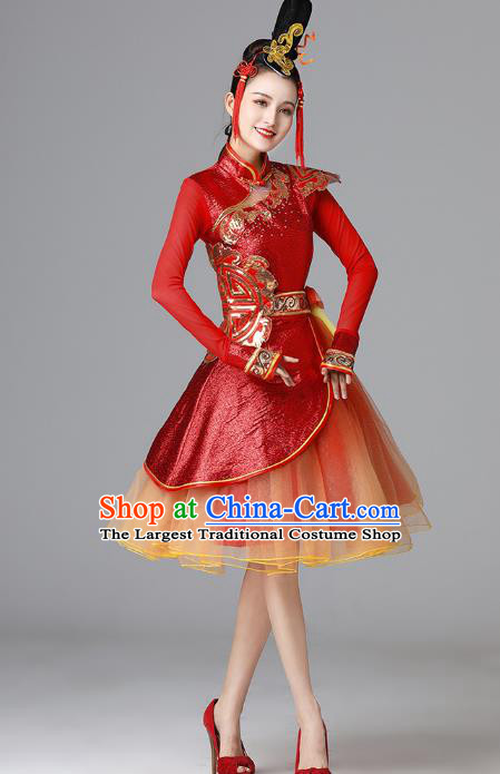 Chinese Modern Dance Garment Costume Spring Festival Gala Opening Dance Red Short Dress Drum Dance Clothing