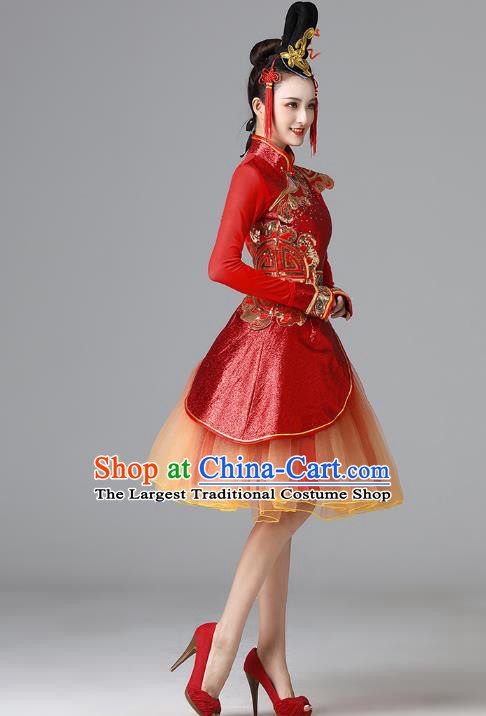 Chinese Modern Dance Garment Costume Spring Festival Gala Opening Dance Red Short Dress Drum Dance Clothing