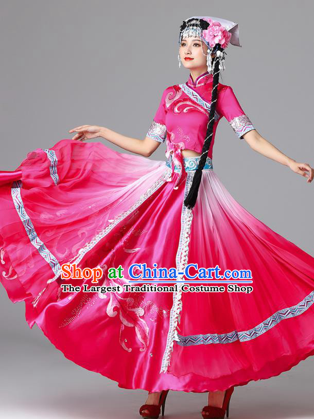 Chinese Yi Nationality Folk Dance Rosy Dress Outfits Ethnic Stage Performance Garment Clothing