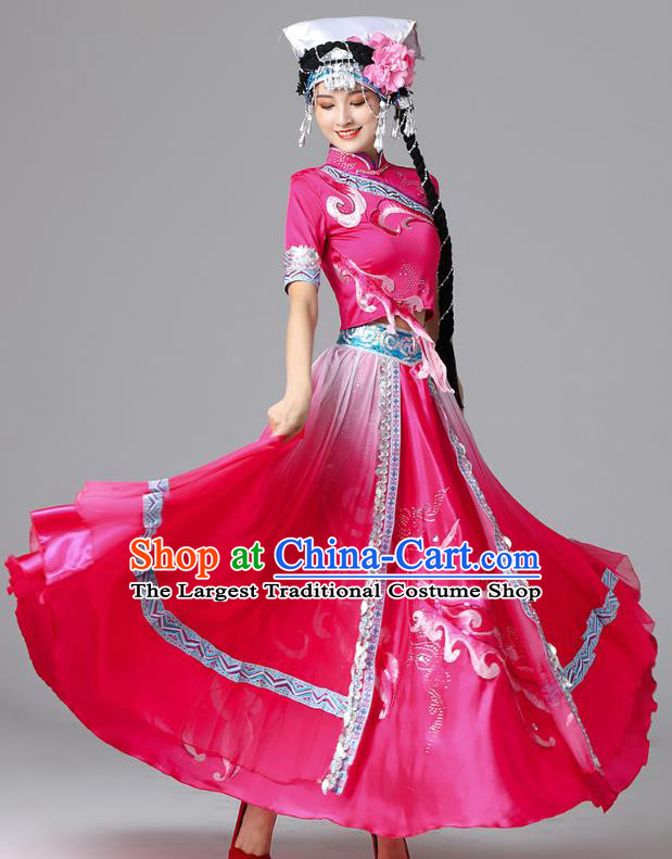 Chinese Yi Nationality Folk Dance Rosy Dress Outfits Ethnic Stage Performance Garment Clothing