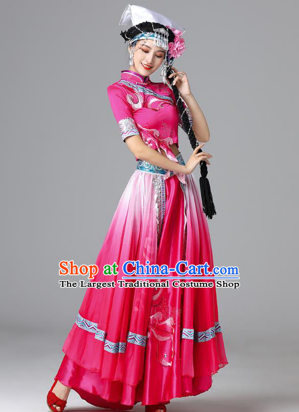 Chinese Yi Nationality Folk Dance Rosy Dress Outfits Ethnic Stage Performance Garment Clothing