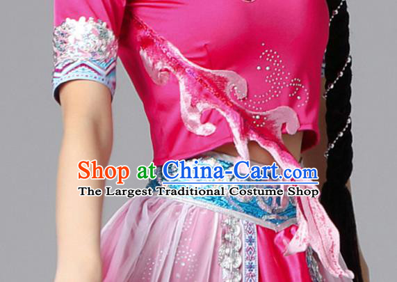 Chinese Yi Nationality Folk Dance Rosy Dress Outfits Ethnic Stage Performance Garment Clothing