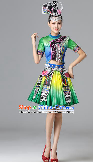 Chinese Ethnic Stage Performance Garment Clothing Yi Nationality Folk Dance Green Dress Outfits