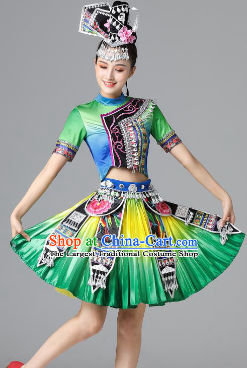 Chinese Ethnic Stage Performance Garment Clothing Yi Nationality Folk Dance Green Dress Outfits