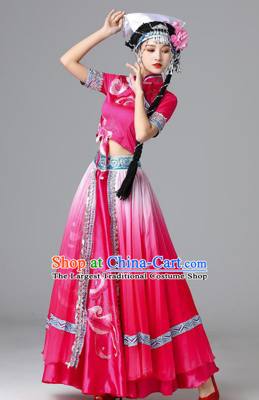 Chinese Yi Nationality Folk Dance Rosy Dress Outfits Ethnic Stage Performance Garment Clothing