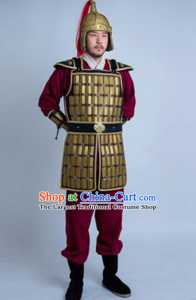 China Traditional Han Dynasty Warrior Garment Costumes Ancient General Golden Armor Clothing and Headwear