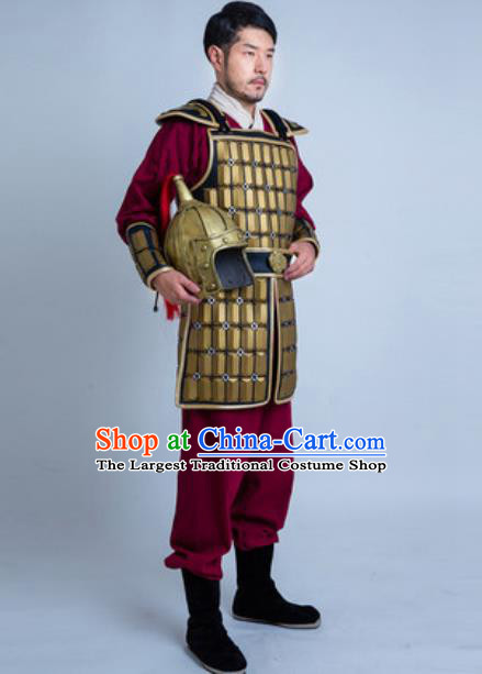 China Traditional Han Dynasty Warrior Garment Costumes Ancient General Golden Armor Clothing and Headwear