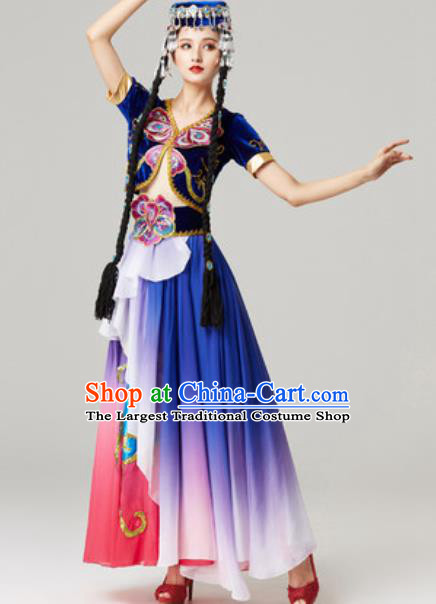 Chinese Xinjiang Ethnic Stage Performance Garment Clothing Uygur Nationality Dance Deep Blue Dress Outfits