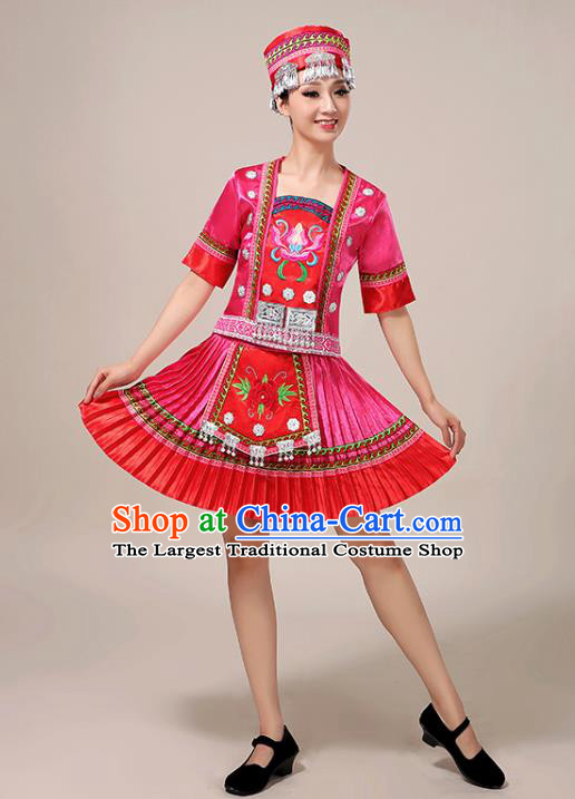 Chinese Yao Minority Dance Outfits Tujia Ethnic Folk Dance Garment Clothing Guizhou Nationality Performance Pink Short Dress