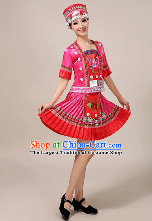 Chinese Yao Minority Dance Outfits Tujia Ethnic Folk Dance Garment Clothing Guizhou Nationality Performance Pink Short Dress