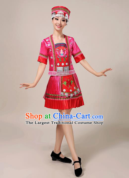 Chinese Yao Minority Dance Outfits Tujia Ethnic Folk Dance Garment Clothing Guizhou Nationality Performance Pink Short Dress