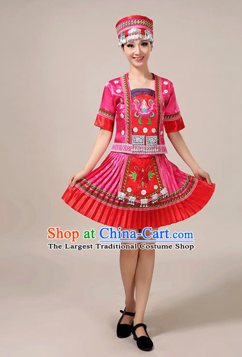 Chinese Yao Minority Dance Outfits Tujia Ethnic Folk Dance Garment Clothing Guizhou Nationality Performance Pink Short Dress